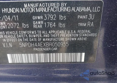 2011 Hyundai Elantra Limited z USA, uszkodzony, nr VIN 5NPDH4AEXBH050955